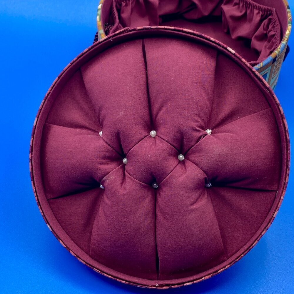 Vintage Round Bonnet Pin Cushion and Sewing Notions Box 8 Inside Pockets Maroon - Picture 5 of 6